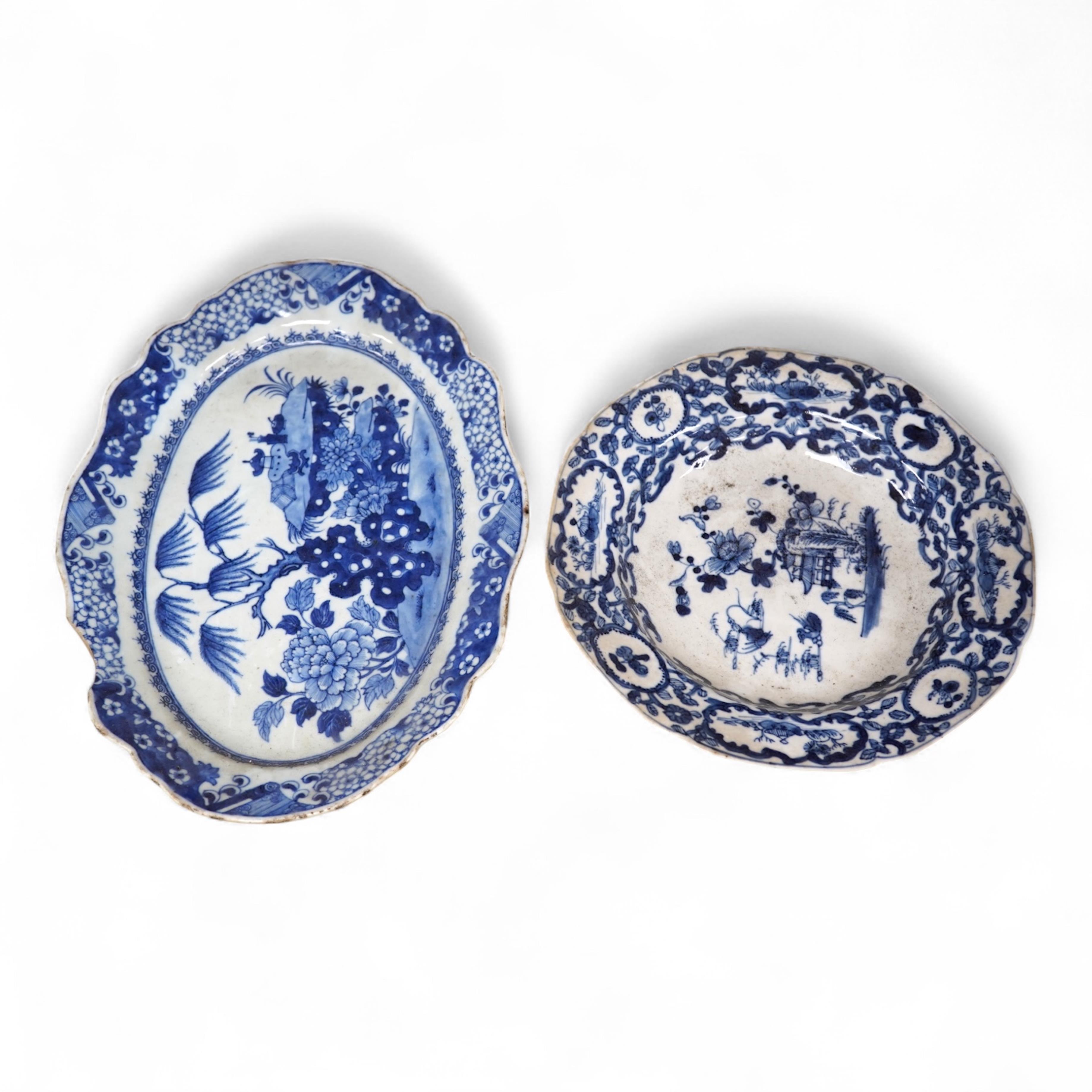 Two 18th century Chinese blue and white dishes, largest 31cm